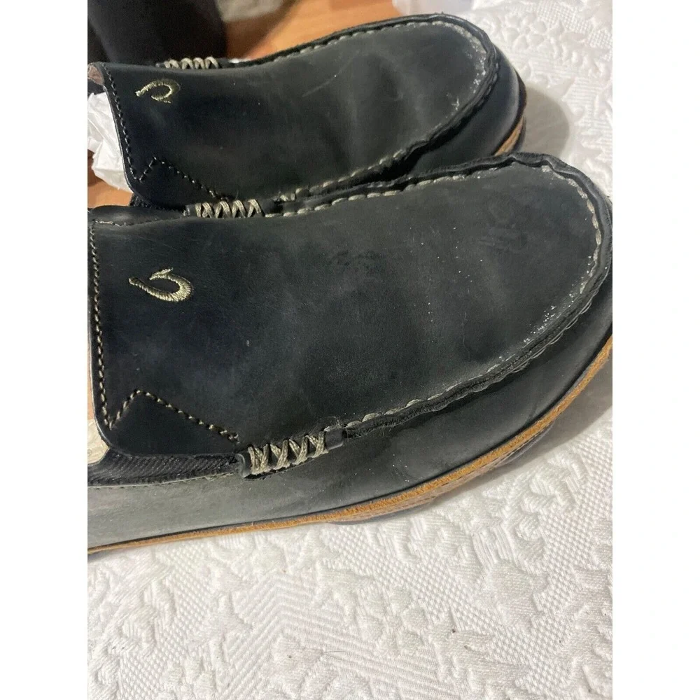 OluKai Moloa Mens Black Leather Slip On Loafers Moccasin Shoes‎ Drop In Heel 8.5